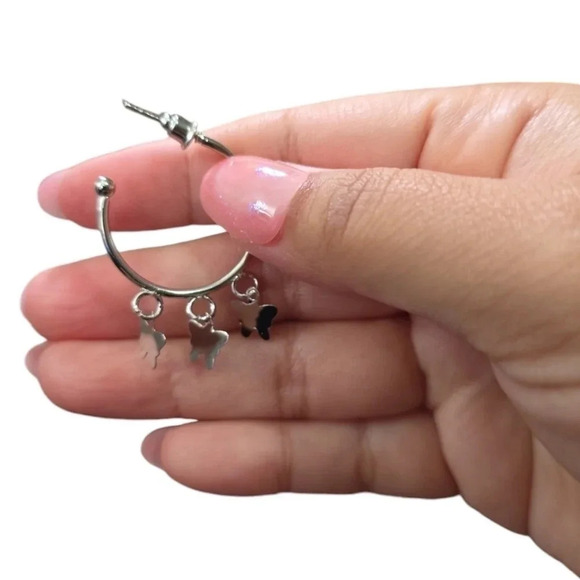 Silver Plated Dangle Butterfly Hoop Earrings - Picture 2 of 4